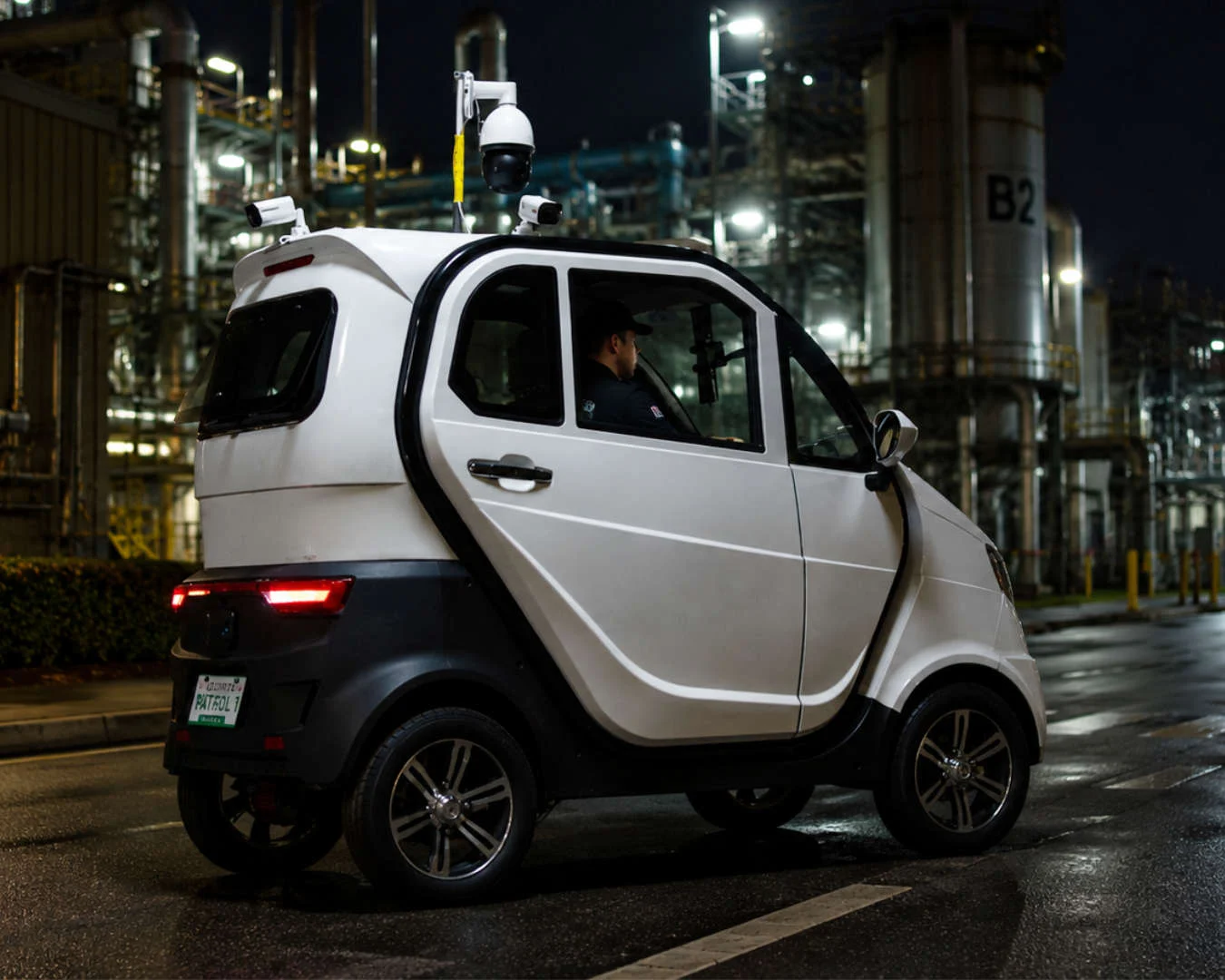 AI Smart Mobile on patrol at an industrial facility at night